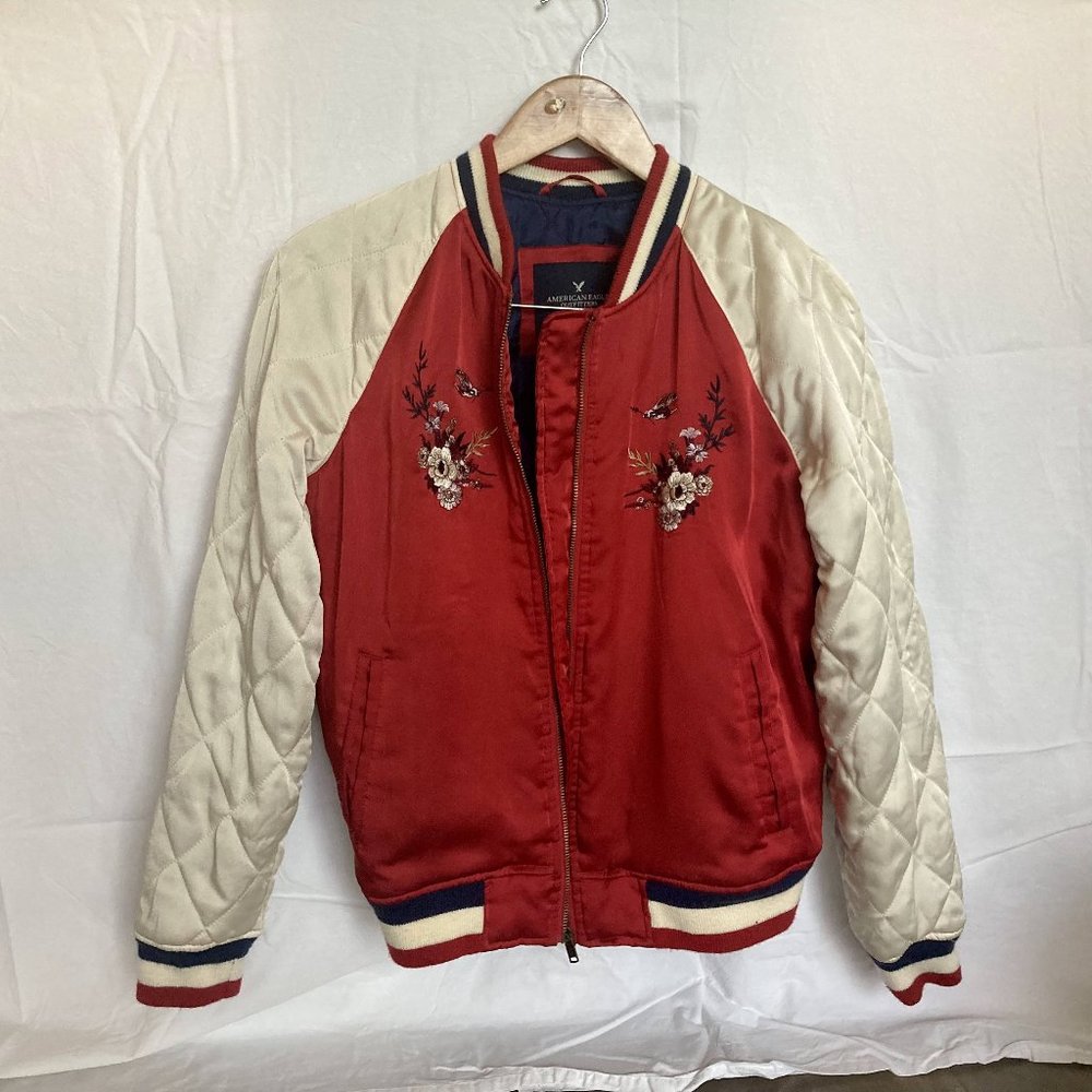 M American Eagle Red and White Bomber Jacket with Embroidery
